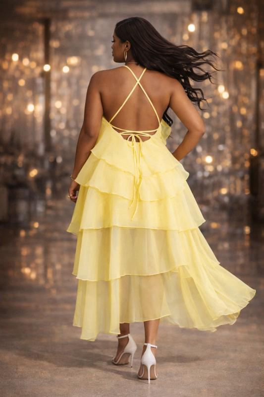 Ruffle High-low Tiered Rose Applique Dress - Yellow