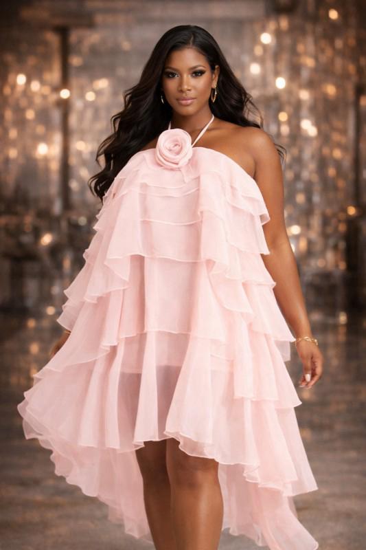 Ruffle High-low Tieredrose Applique Dress - Pink