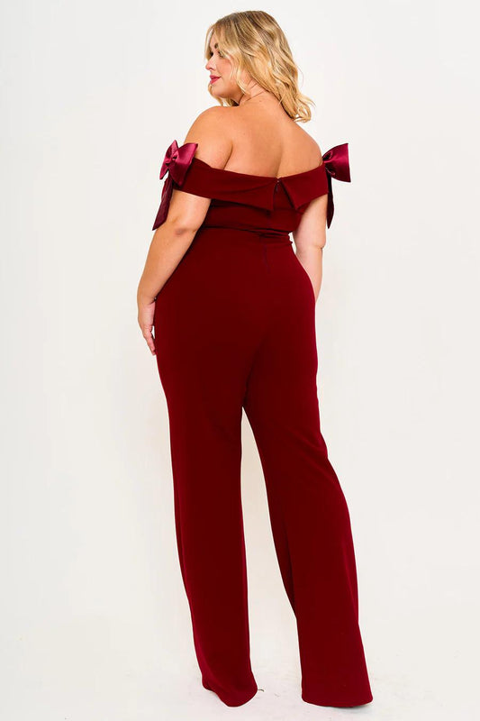 FABRIC CONTRAST OFF THE SHOULDER PLUS SIZE JUMPSUIT