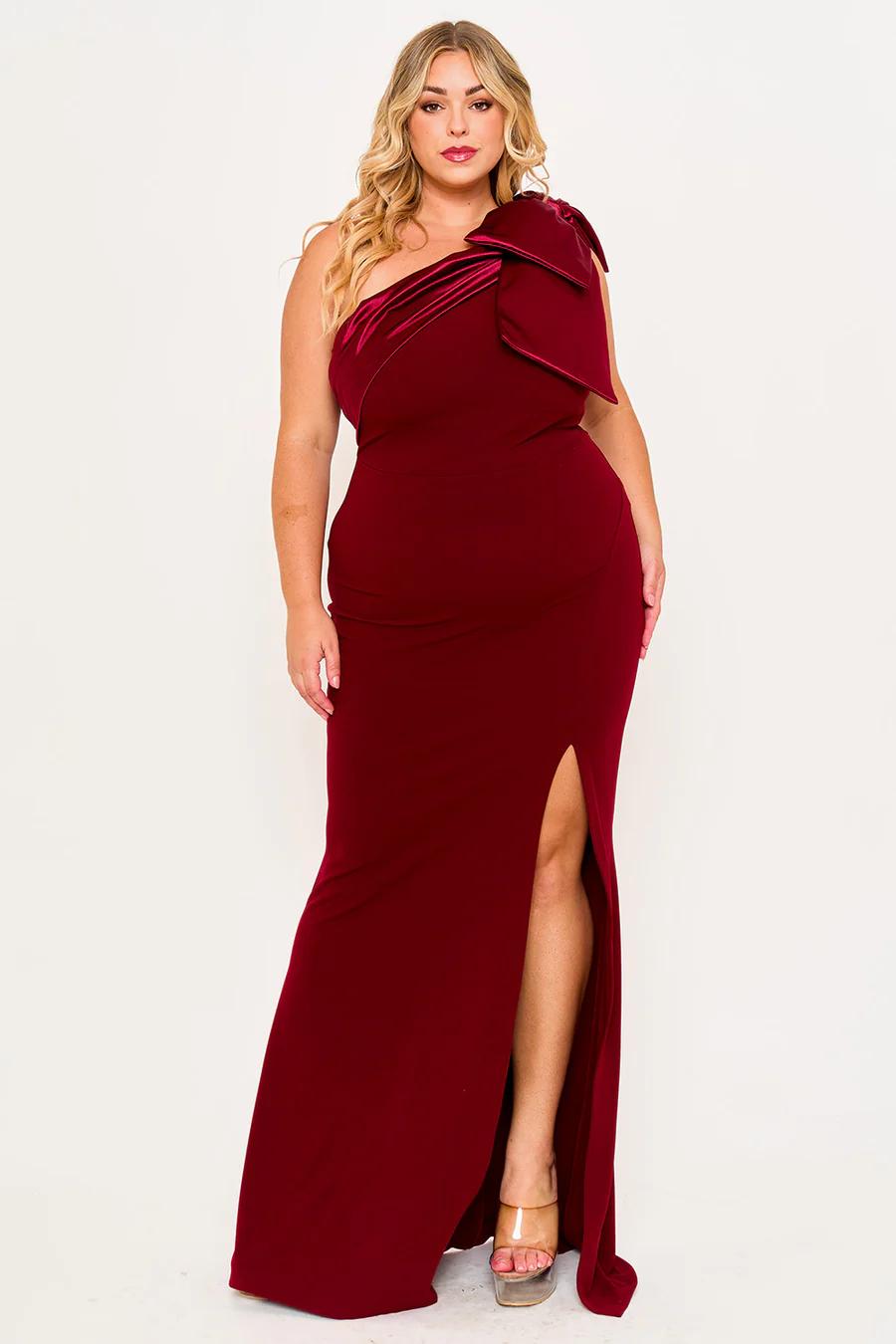 One Shoulder Satin Bow Plus Dress