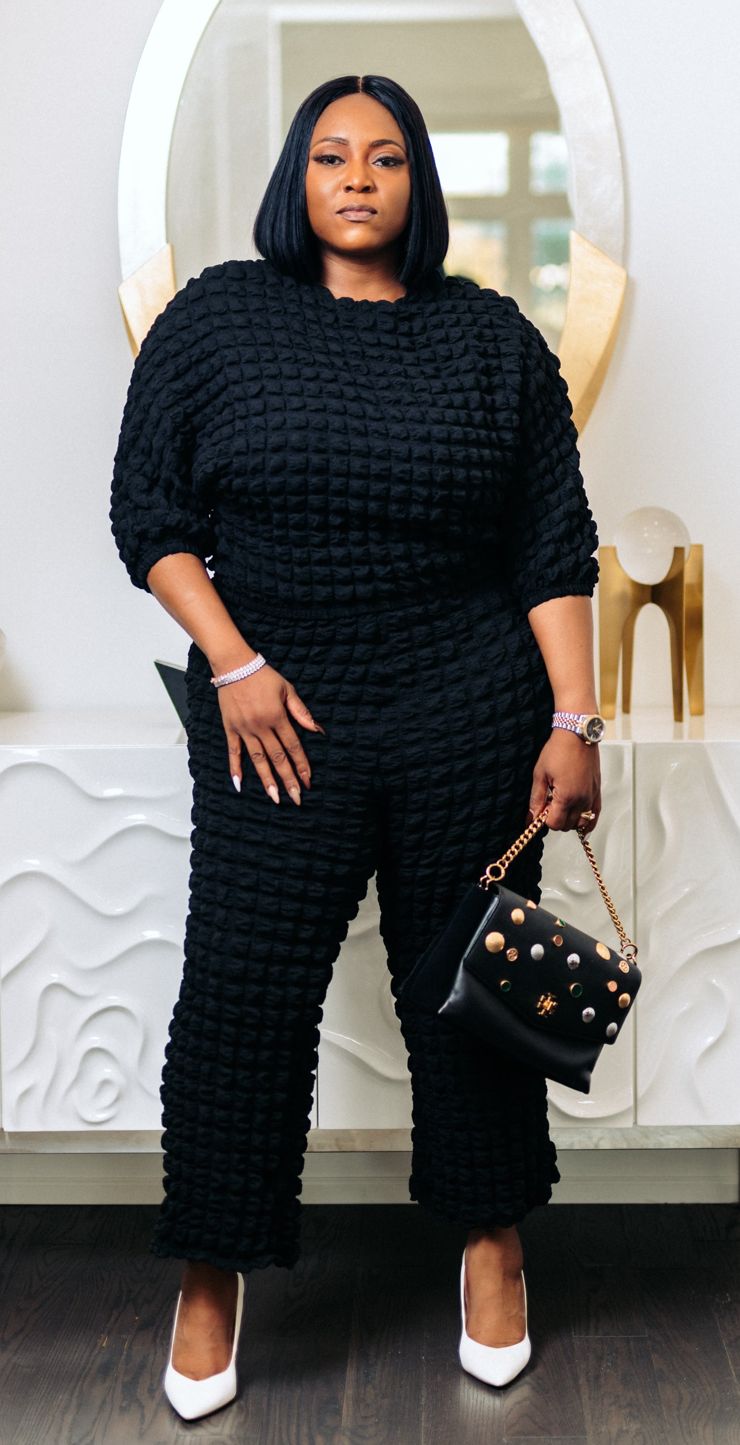 Stylish Textured Black Plus Size Two-Piece Set - XL Gherl Fashion
