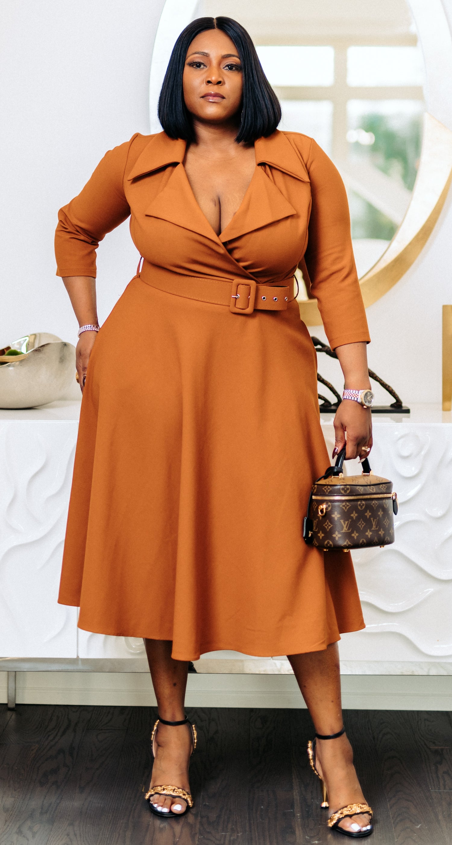 Elegant Belted Rust Orange Plus Size Midi Dress with Collar - Formal & Casual Wear - XL Gherl Fashion