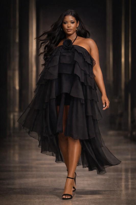 Ruffle High-low Tiered Rose Applique Dress - Black