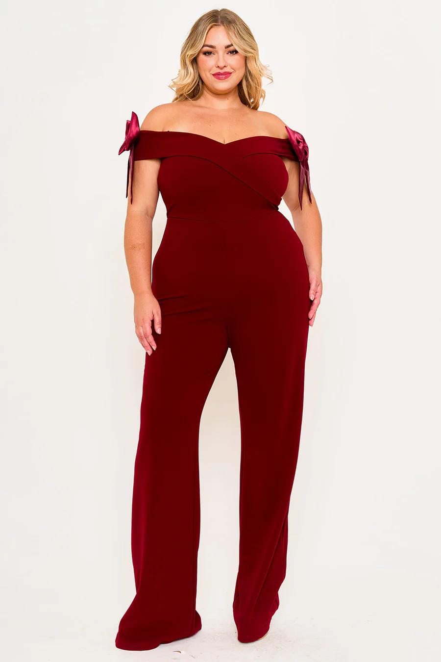 FABRIC CONTRAST OFF THE SHOULDER PLUS SIZE JUMPSUIT