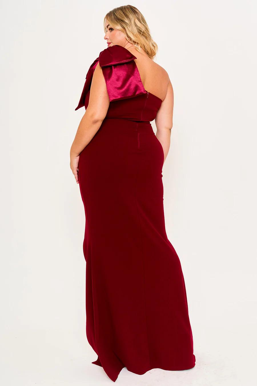 One Shoulder Satin Bow Plus Dress