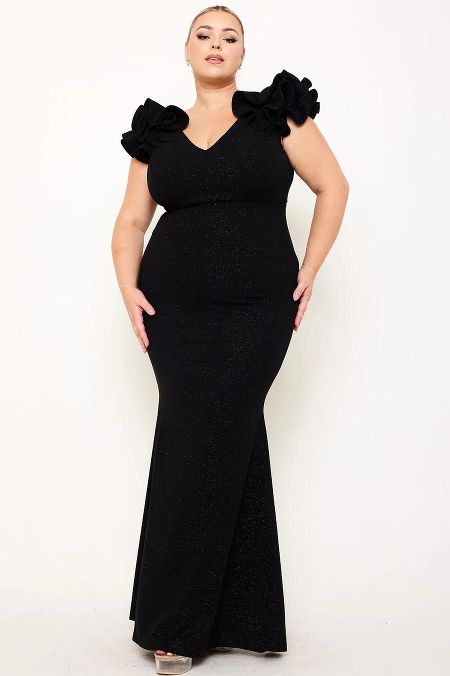 TECHNO CREPE RUFFLE DETAIL MAXI DRESS