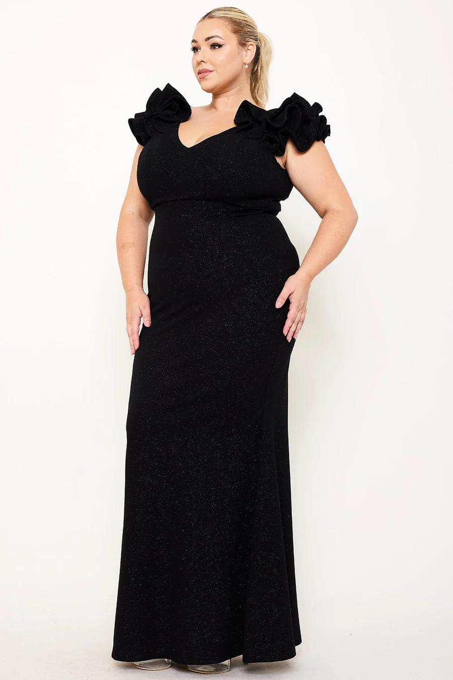 TECHNO CREPE RUFFLE DETAIL MAXI DRESS