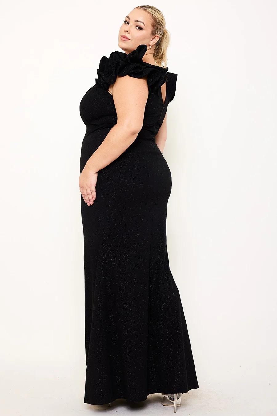 TECHNO CREPE RUFFLE DETAIL MAXI DRESS