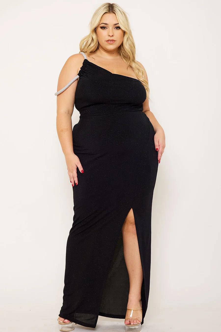 RHINESTONE CHAIN ONE SHOULDER PLUS SIZE DRESS