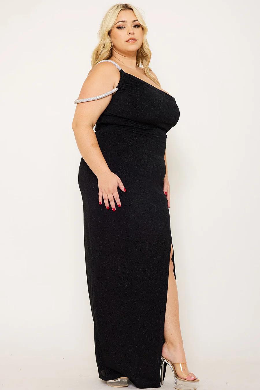 RHINESTONE CHAIN ONE SHOULDER PLUS SIZE DRESS