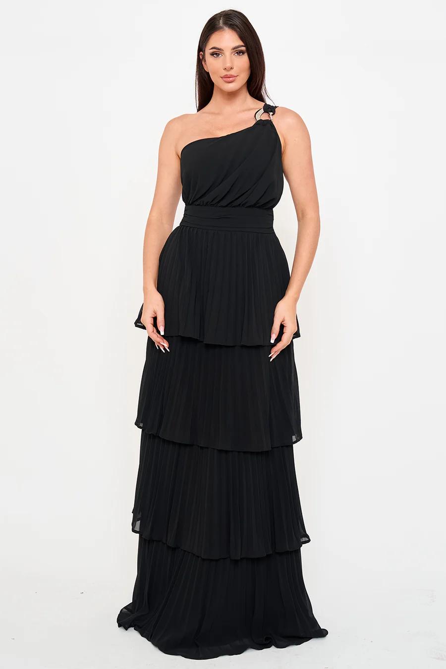 PLEATED CHIFFON MULTI LAYERED MAXI DRESS ONE SHOULDER