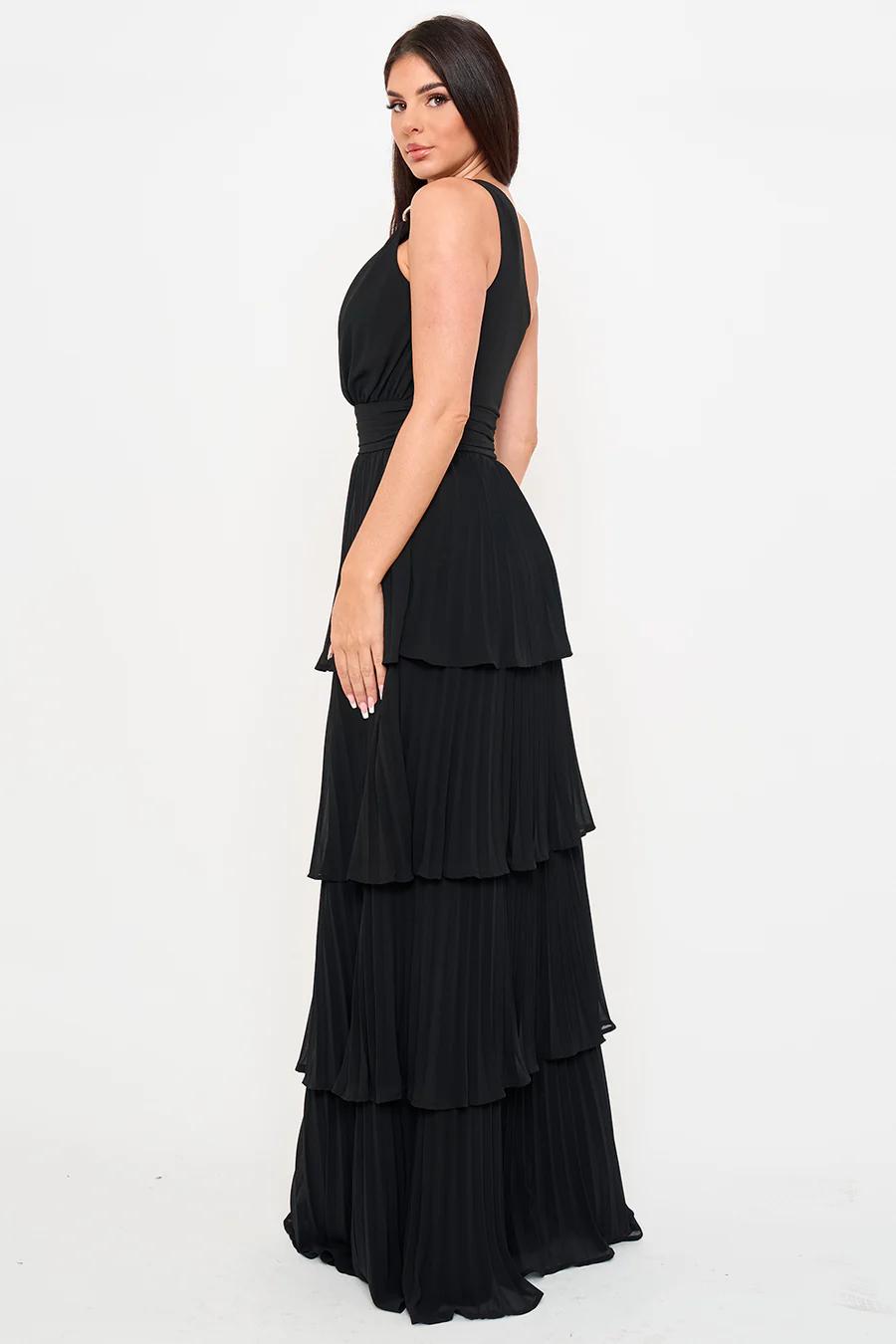 PLEATED CHIFFON MULTI LAYERED MAXI DRESS ONE SHOULDER