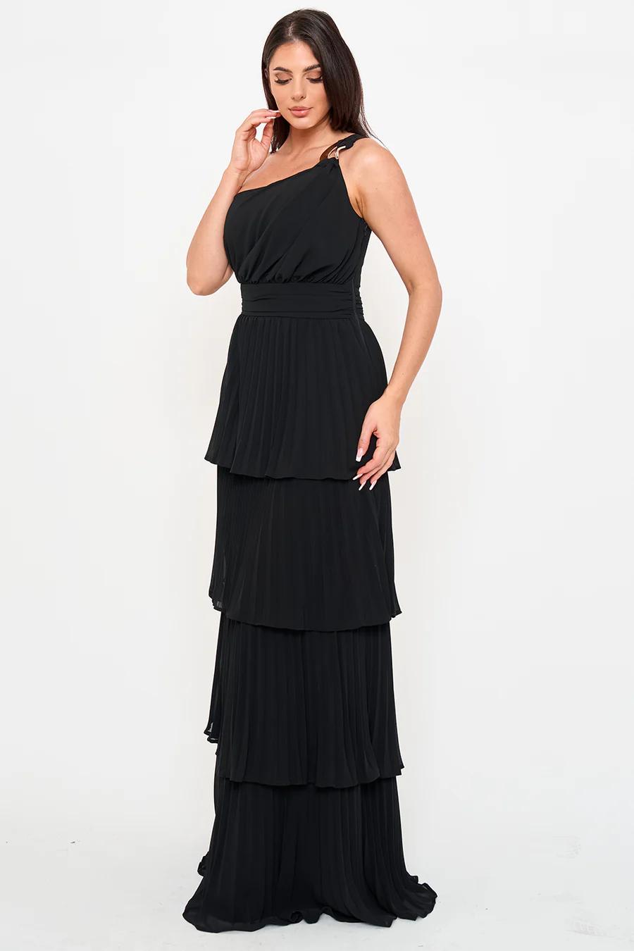 PLEATED CHIFFON MULTI LAYERED MAXI DRESS ONE SHOULDER