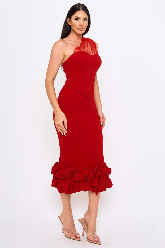 MESH ONE-SHOULDER CORSET BODICE MIDI DRESS