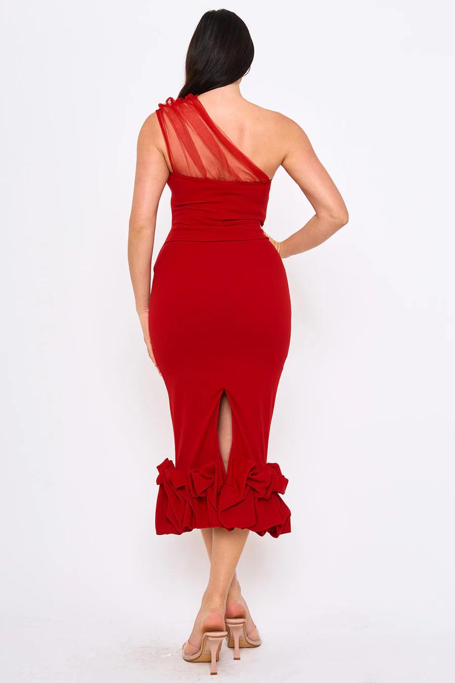 MESH ONE-SHOULDER CORSET BODICE MIDI DRESS