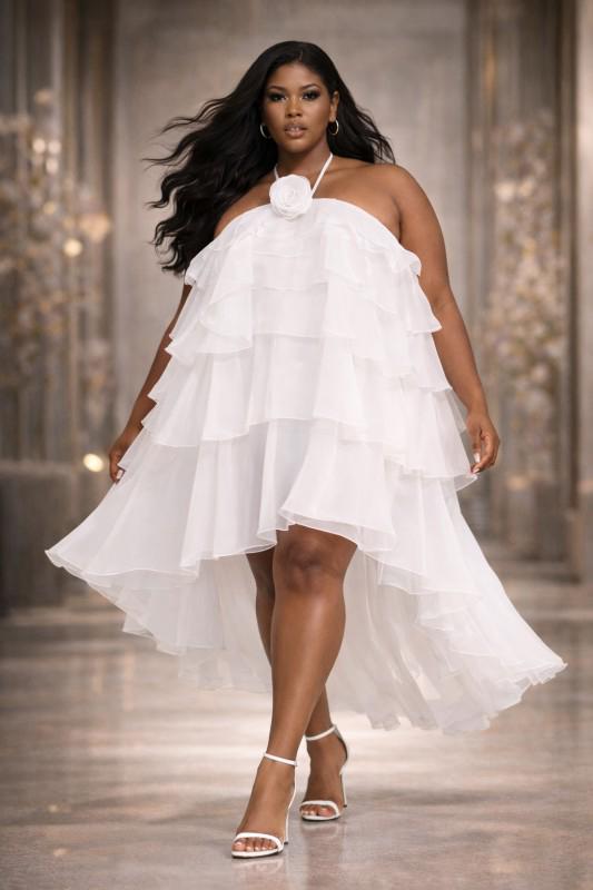 Ruffle High-low Tiered Rose Applique Dress - White