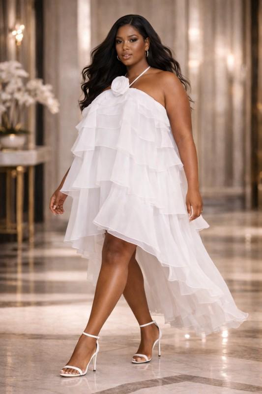 Ruffle High-low Tiered Rose Applique Dress - White