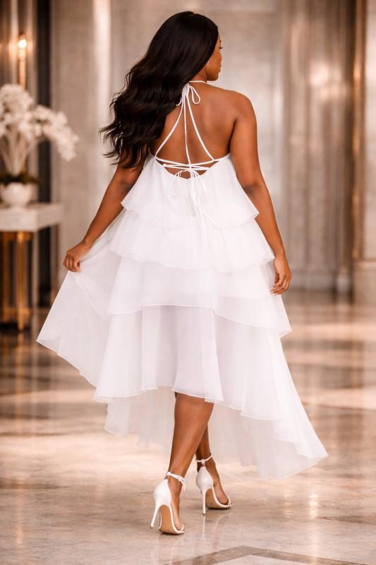 Ruffle High-low Tiered Rose Applique Dress - White